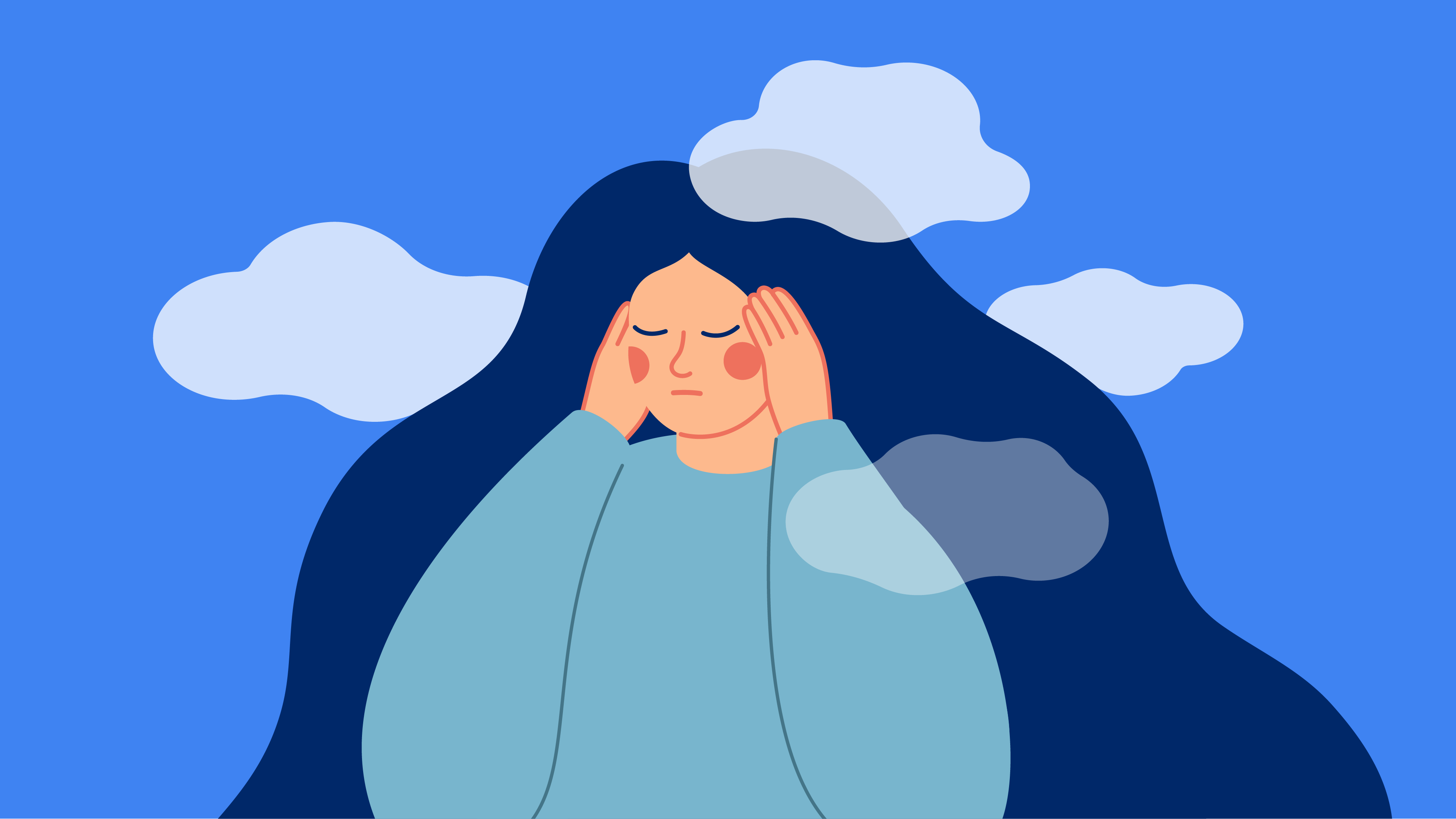 An illustration of a woman holding her head surrounded by clouds