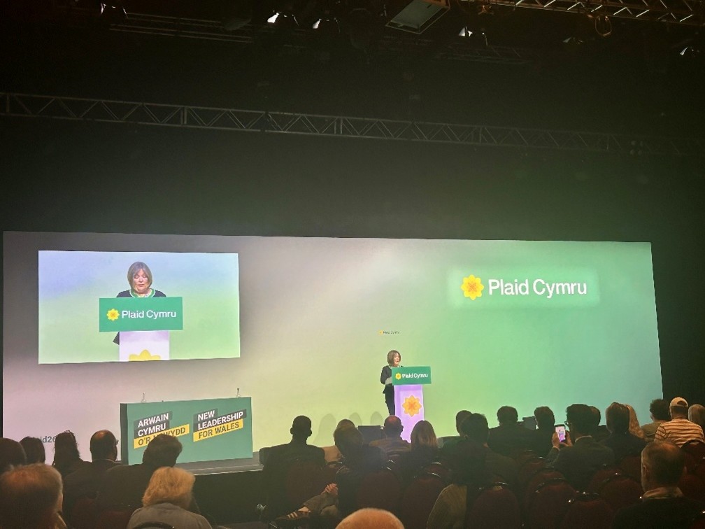 Wales’ Cabinet Minister for Education and the Welsh Language, Anna Brychan MS, giving a speech to the audience at Plaid Cymru Conference in Llandudno.       